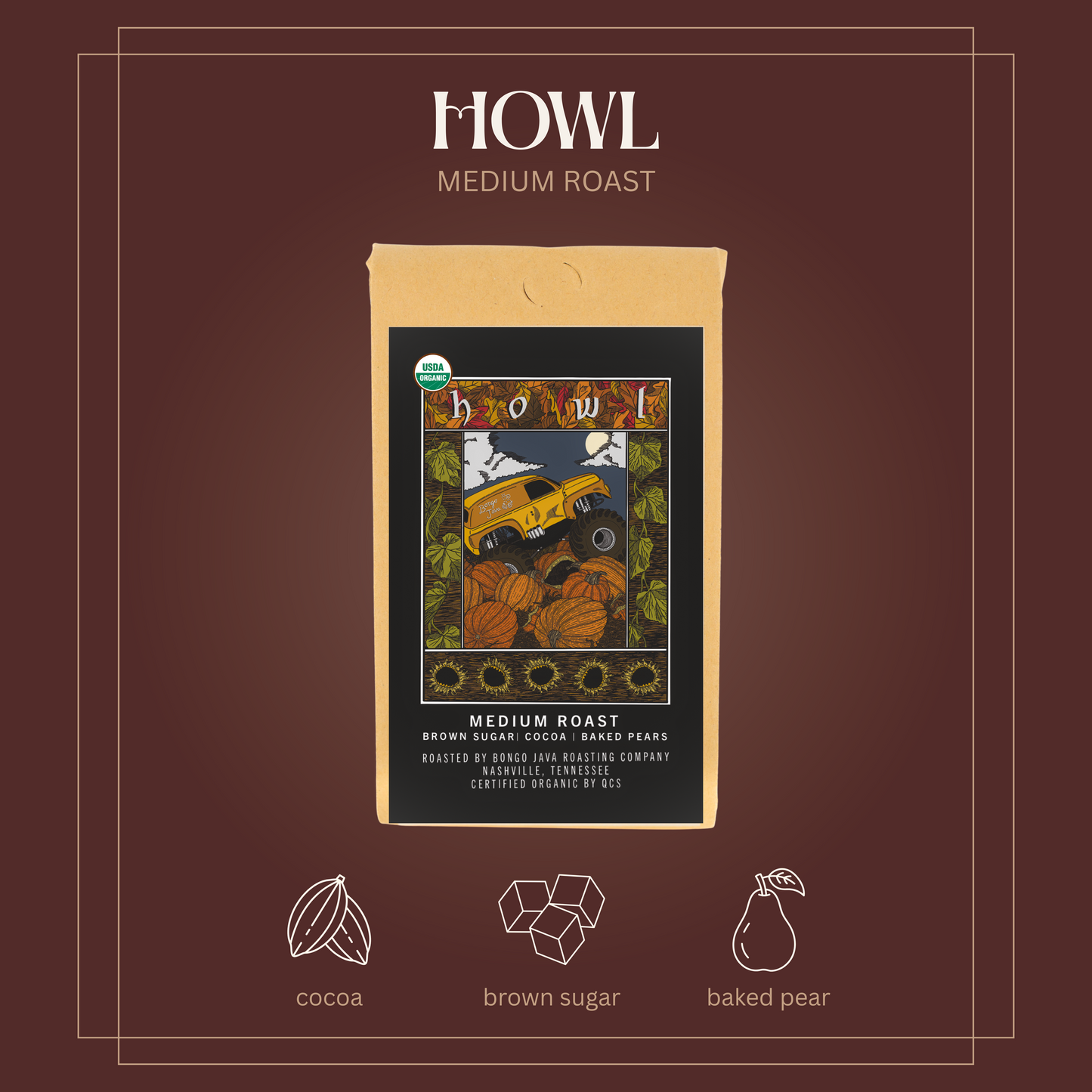 12oz coffee bag. product image of HOWL with flavor line drawings of cocoa, chocolate, and pear