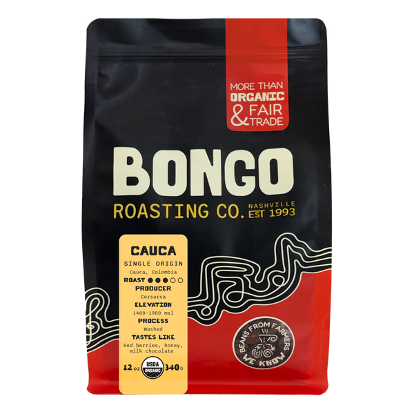 Bongo Roasting Co. coffee bag with black, red, and yellow design on a white background