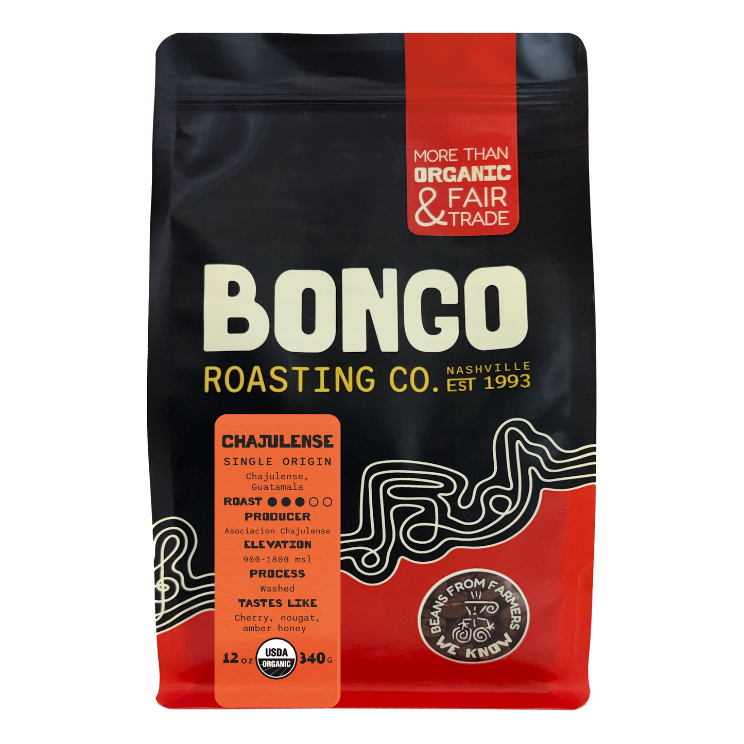 Bongo Roasting Co. coffee bag with black, red, and orange design on a white background