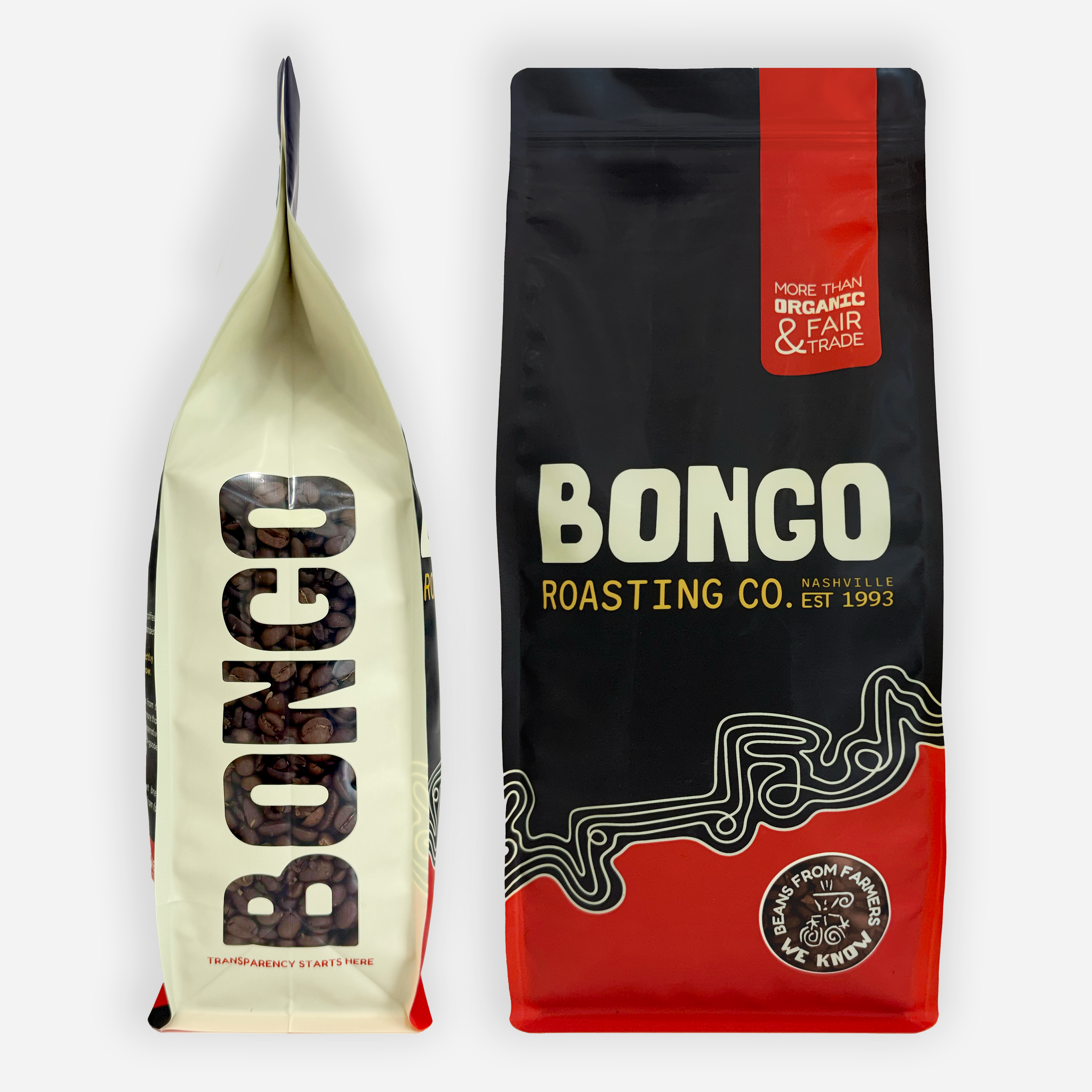 Two Bongo Roasting Co. coffee bags on a white background
