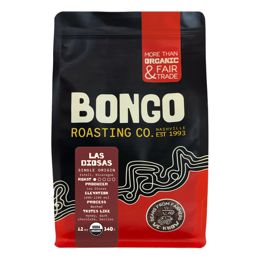 Bongo Roasting Co. coffee bag with red and black design on a white background