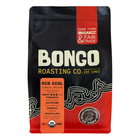 Bongo Roasting Co. coffee bag with red and black design on a white background