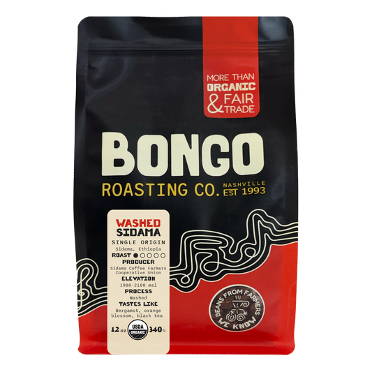 Bongo Roasting Co. coffee bag with black, red, and white design on a white background