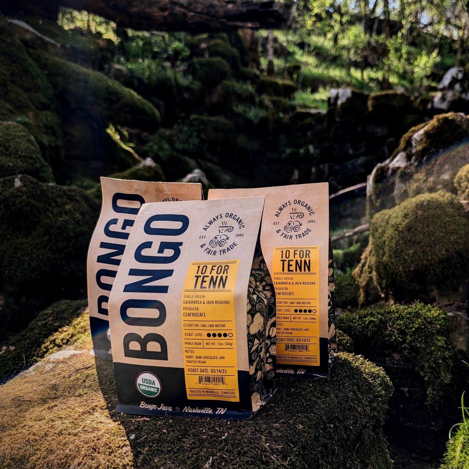 Bongo coffee packages on a stone surface with a natural background