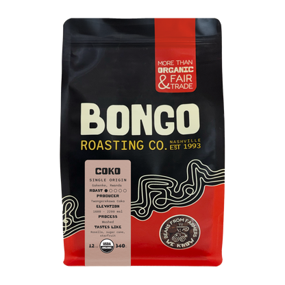 A 12 oz bag of Bongo Roasting Co. Coko single origin coffee, featuring a black and red package design with white and yellow text.