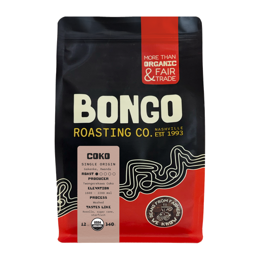 A 12 oz bag of Bongo Roasting Co. Coko single origin coffee, featuring a black and red package design with white and yellow text.