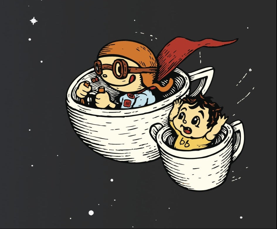 A whimsical space-themed illustration showing two cartoon children floating in white teacups against a dark starry sky. One child wears an orange helmet and red cape, and the other has messy brown hair.